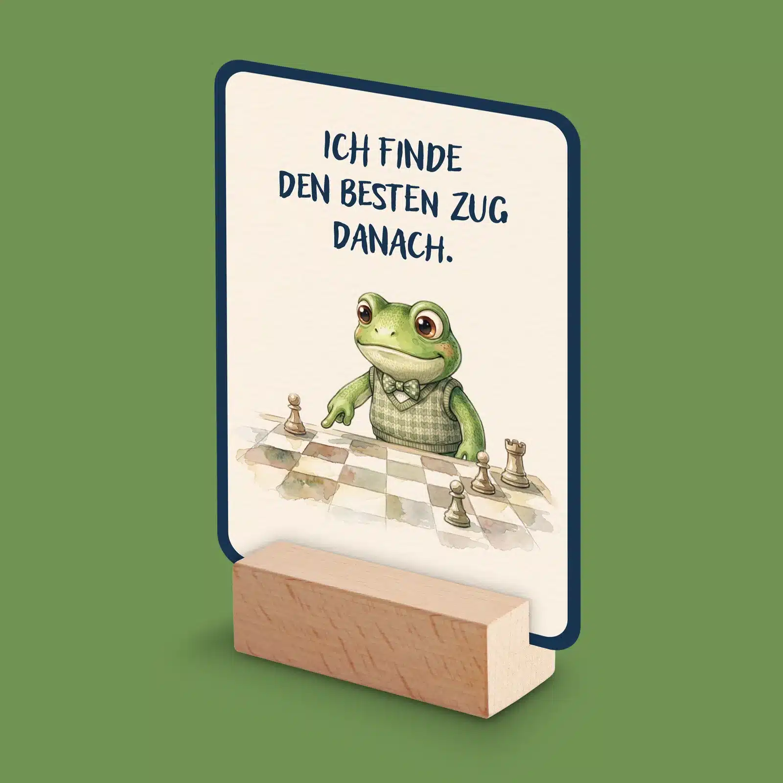 Affirmationskarte „Ich finde den besten Zug danach“ im Holzständer