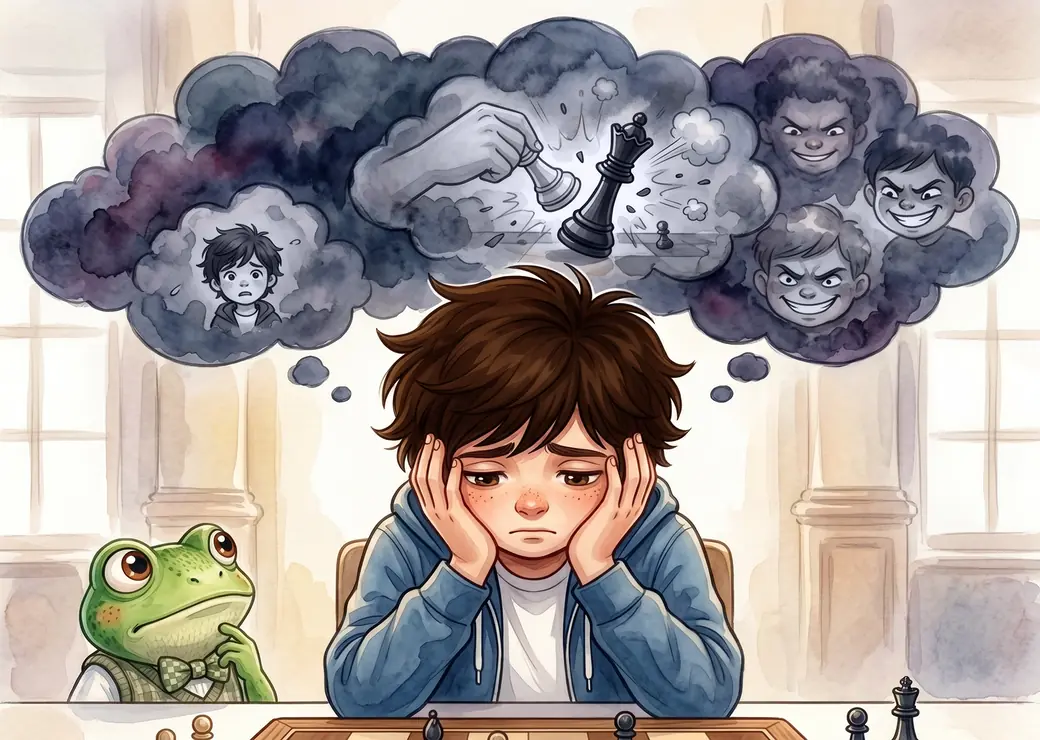 Illustration aus dem Buch: Liam sitzt mit brennenden Ohren am Brett, über ihm Grübelwolken