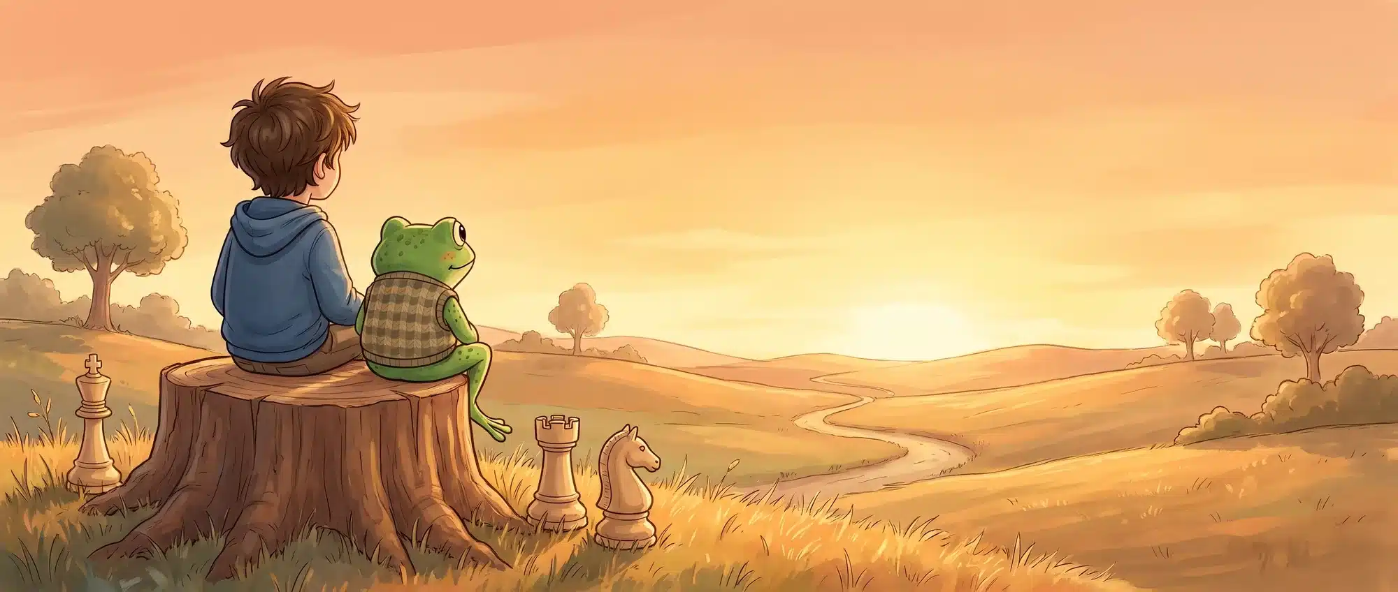 Liam und Quint sitzen von hinten auf einem Baumstumpf und schauen über eine weite Landschaft in den Sonnenuntergang