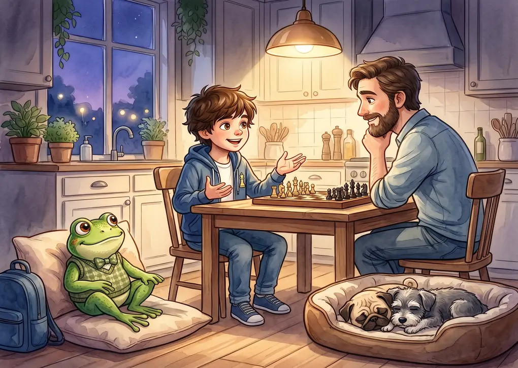 Illustration: Liam und sein Vater sprechen am Küchentisch über die Partie, Quint sitzt daneben