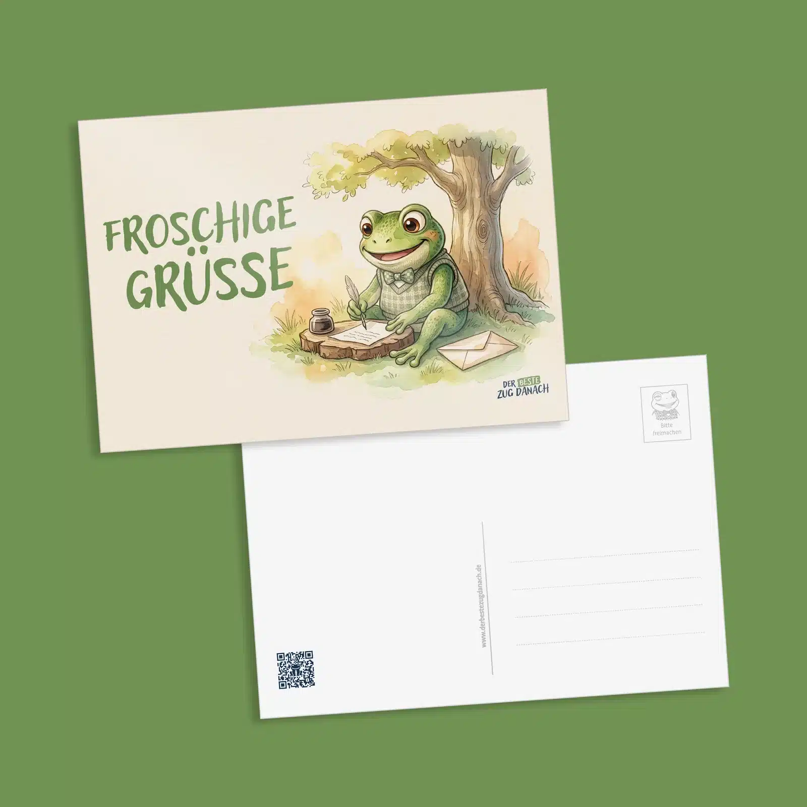 Postkarte „Froschige Grüße“ mit Vorder- und Rückseite