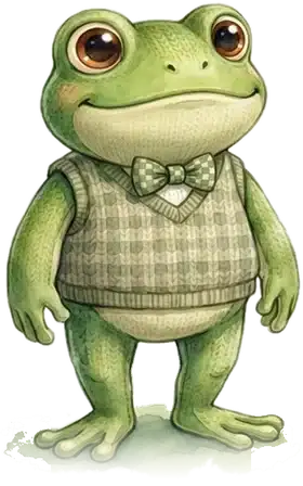 Quint, der kleine grüne Frosch, sitzt da und schaut dich an.