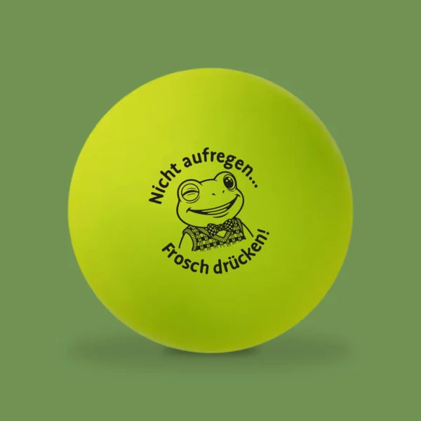 Quints Anti-Stressball in Gelbgrün mit der Aufschrift „Nicht aufregen, Frosch drücken“