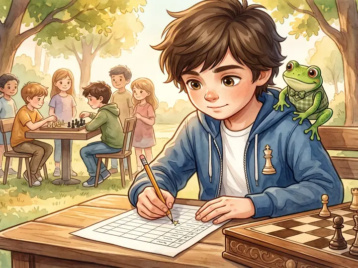 Illustration: Liam schaut mit Quint auf sein Partieformular