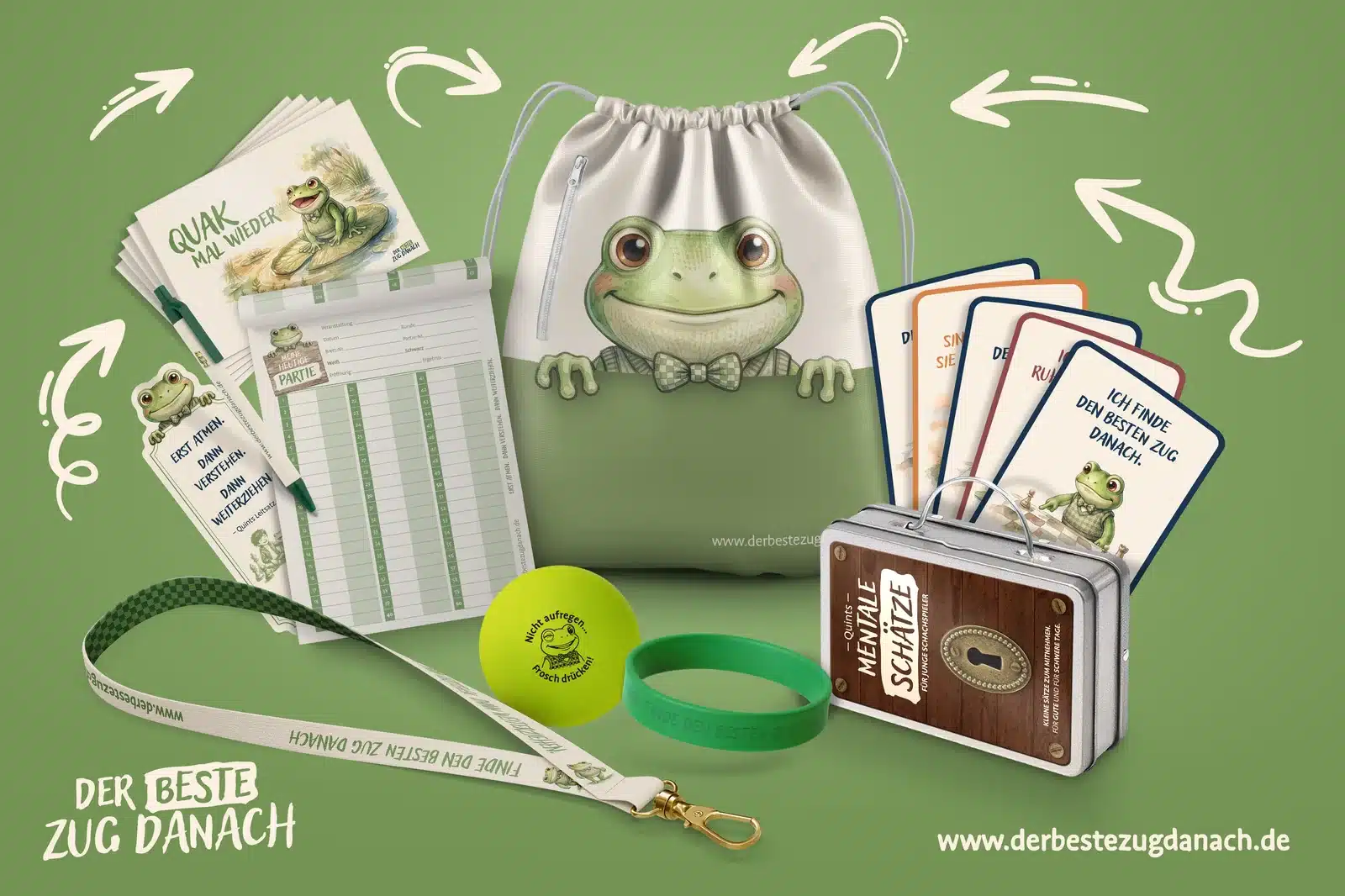 Alle Teile von Quints Turniertasche nebeneinander: Buch, Turnierbeutel, Metallbox mit Affirmationskarten, Holzständer, Partieformulare, Stift, Lesezeichen, Lanyard, Armband und Anti-Stressball