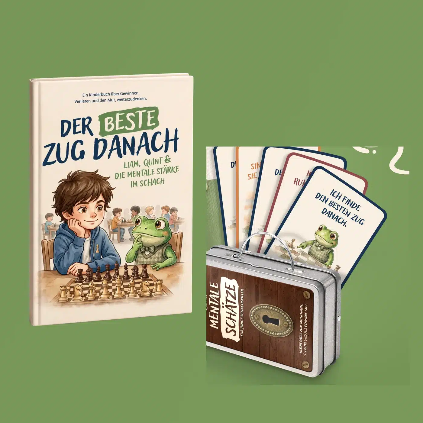 Das Buch „Der beste Zug danach“ mit der geöffneten Metallbox voller Affirmationskarten
